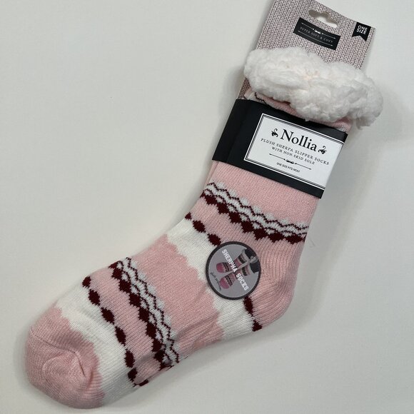 Women's Sherpa Non-Skid Heavy Socks - Pink/Red/White - NWT - Picture 2 of 7